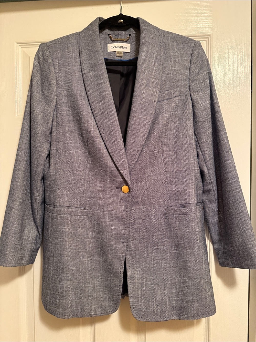 Calvin Klein Women's Heathered Blue and White Single-Button Blazer Size 10